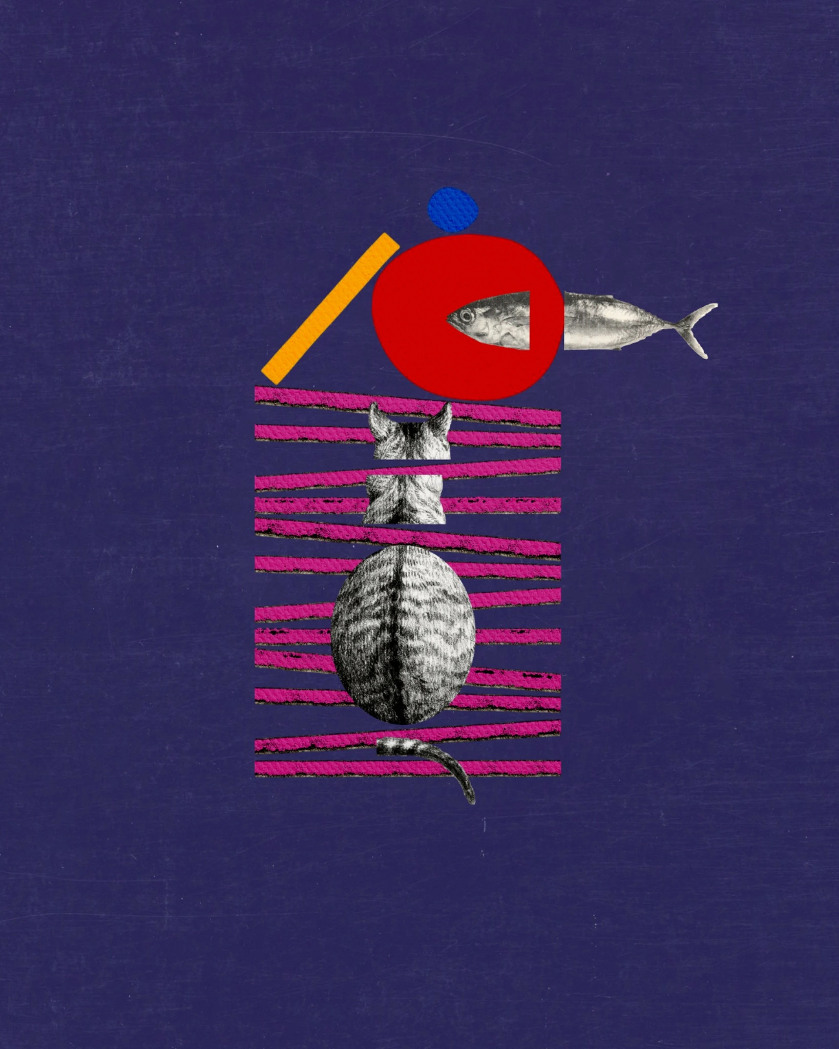A cat and fish arranged with coloured geometric shapes