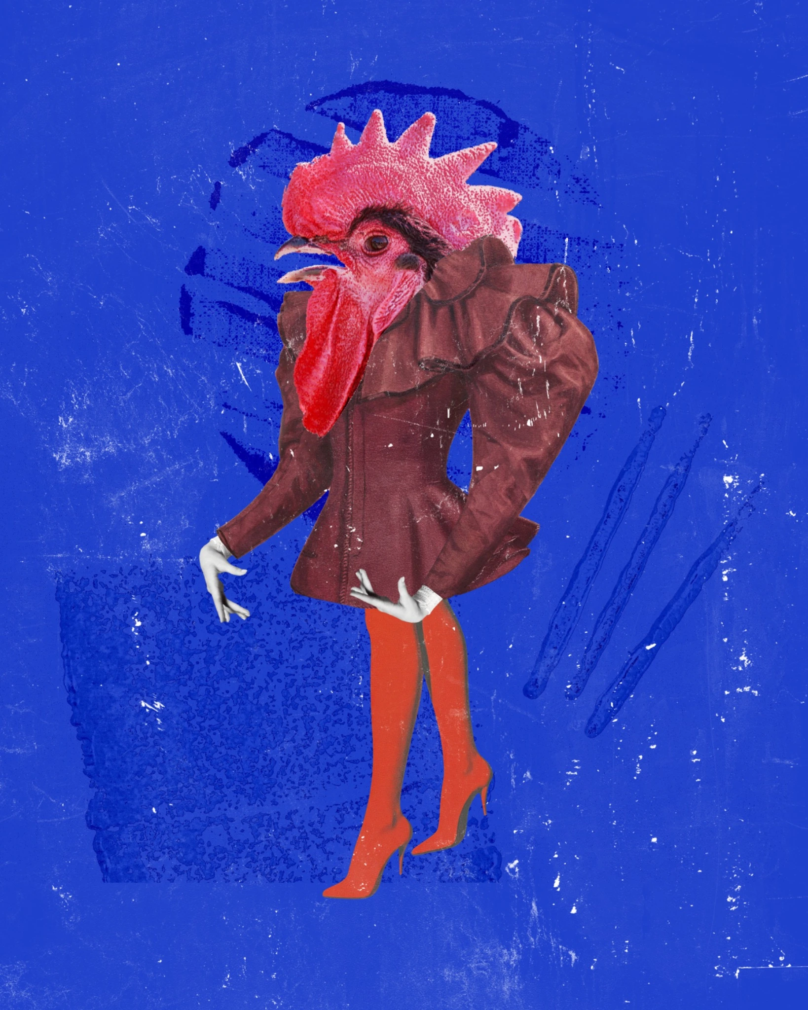 A rooster in a Victorian gown with expressive human hands inspired by Gustav Klimt