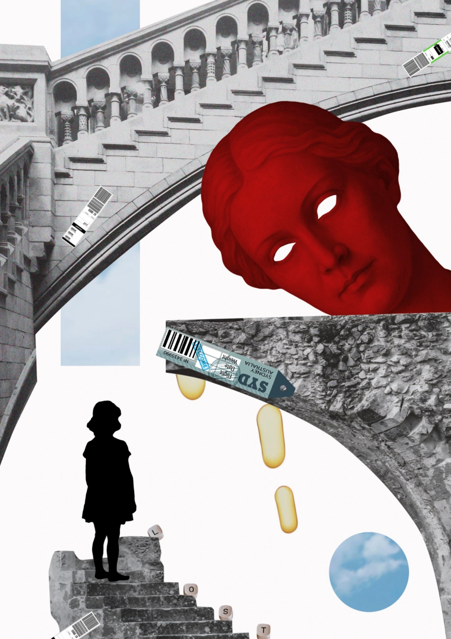 A red classical head, a child and fragments of architecture