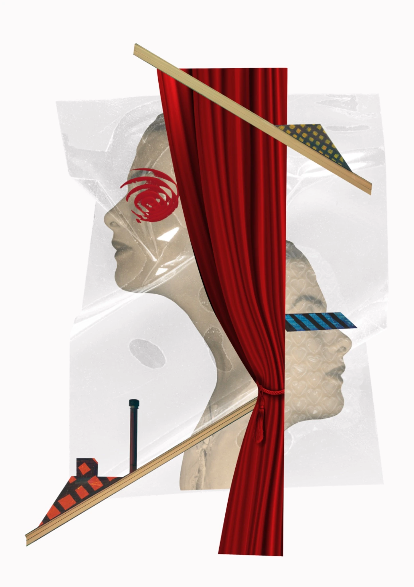 A classical face interrupted by paper fragments and a red curtain
