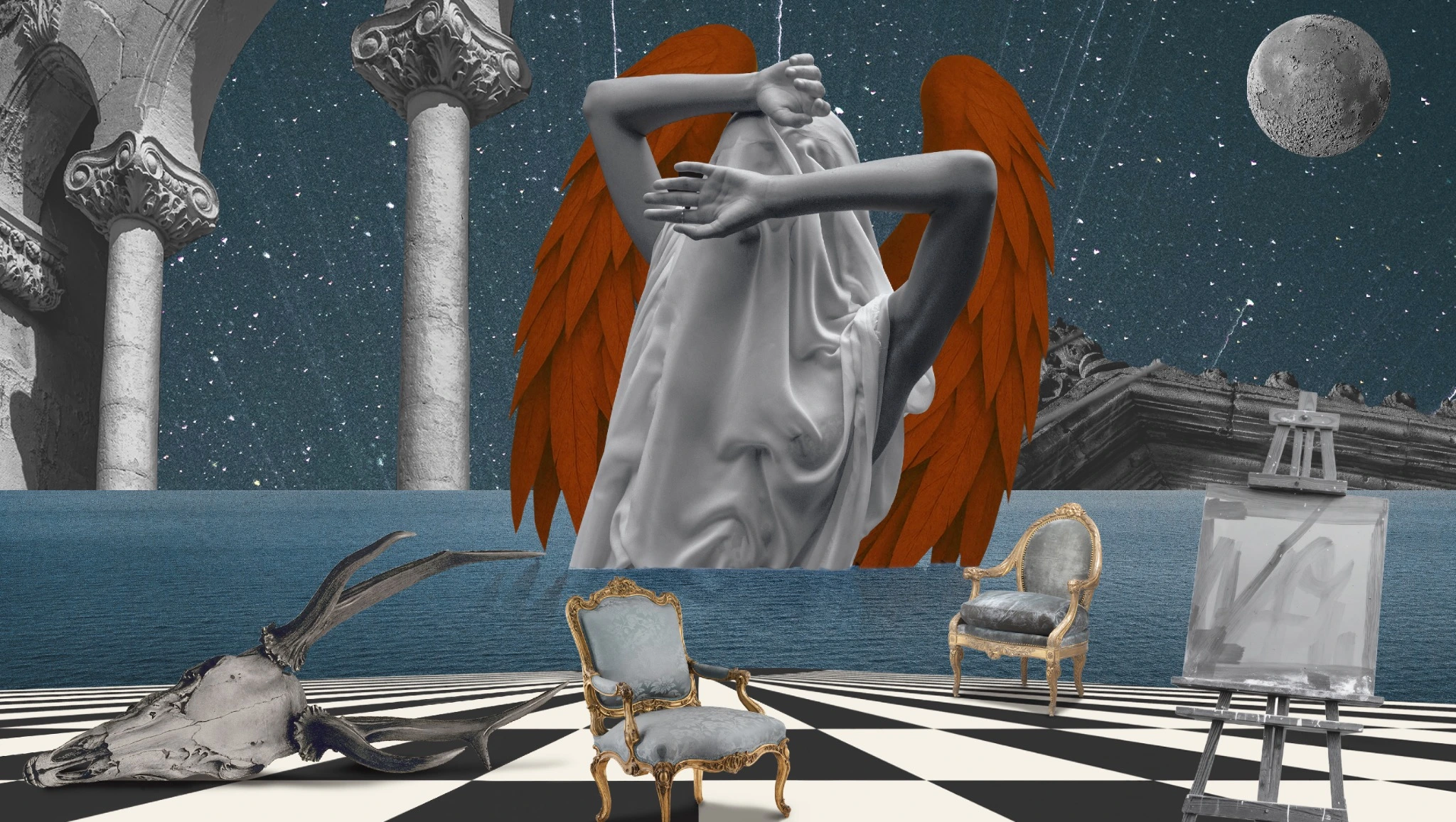 A horned figure in a dark room with a chessboard floor