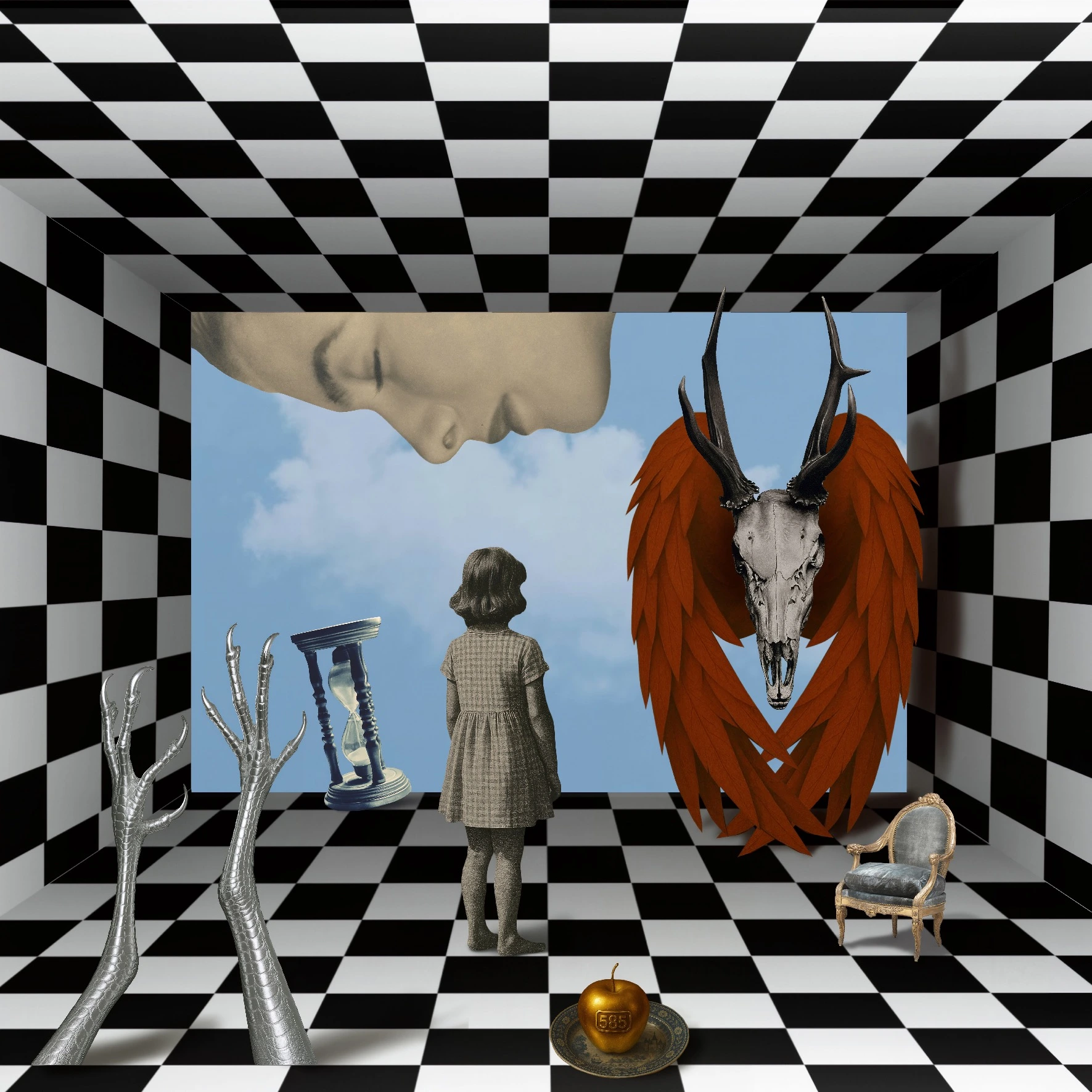 A horned figure and a child in an enclosed tiled space