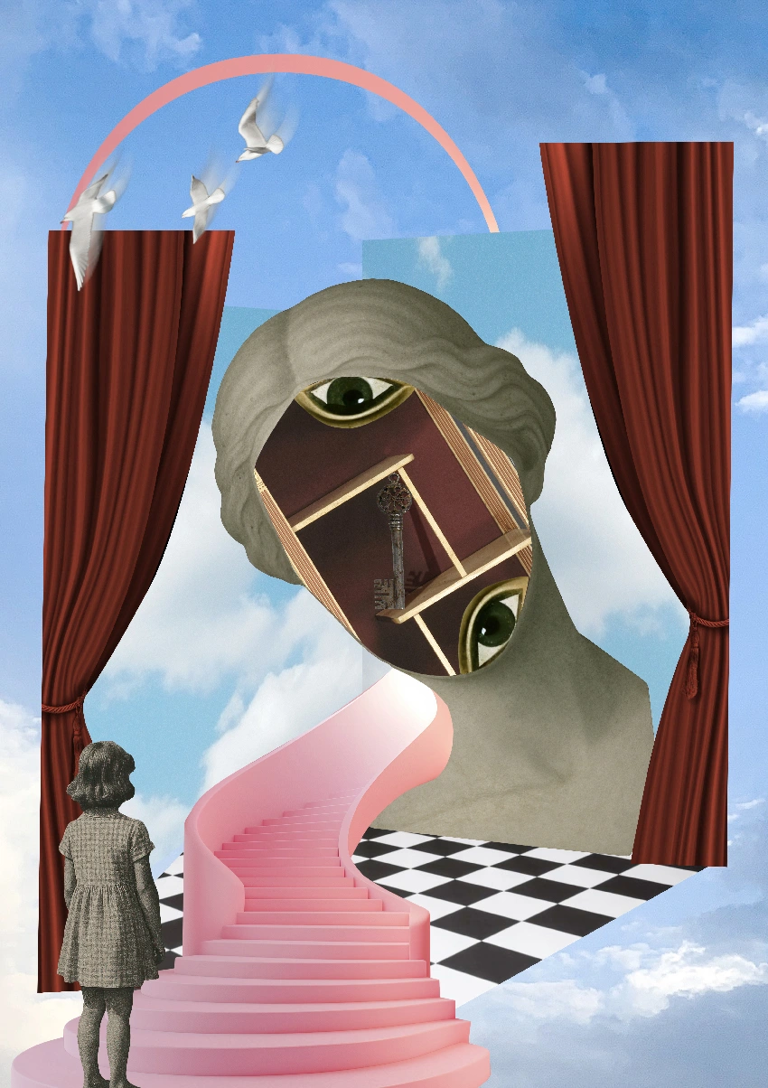 A sculptural head, pink staircase and child beneath an open sky