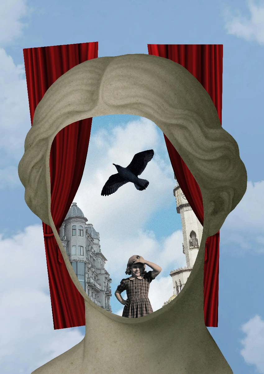 A sculptural face framing a bird, a child and city architecture