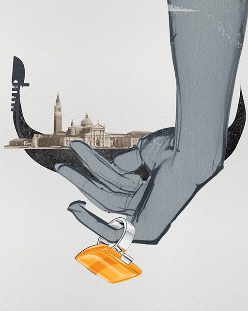 Gondola exhibition artwork with a hand and Venetian silhouettes