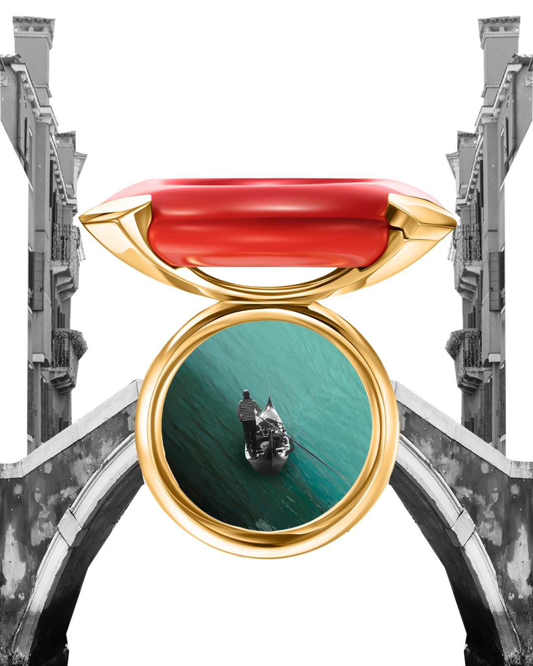 Jewellery framing a gondola on a Venetian canal