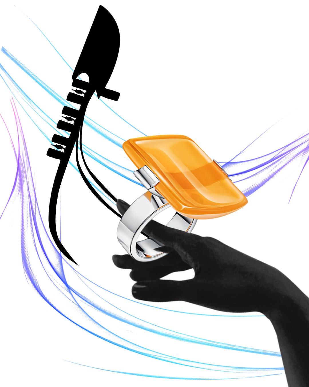 Orange jewellery and a gondola silhouette above an outstretched hand