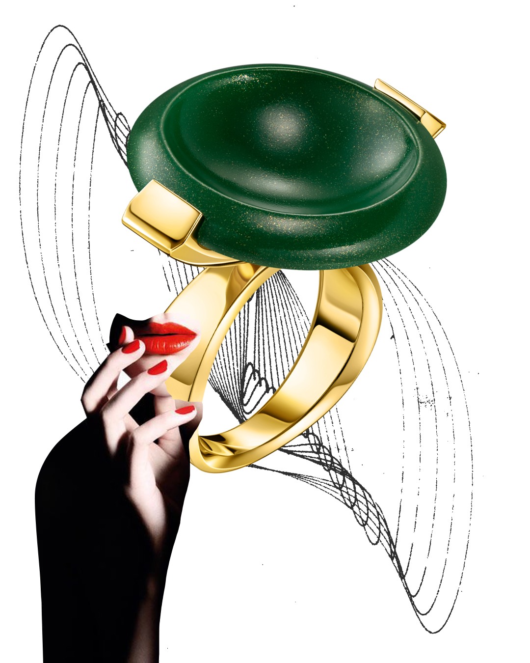A green ring suspended above a hand and flowing lines