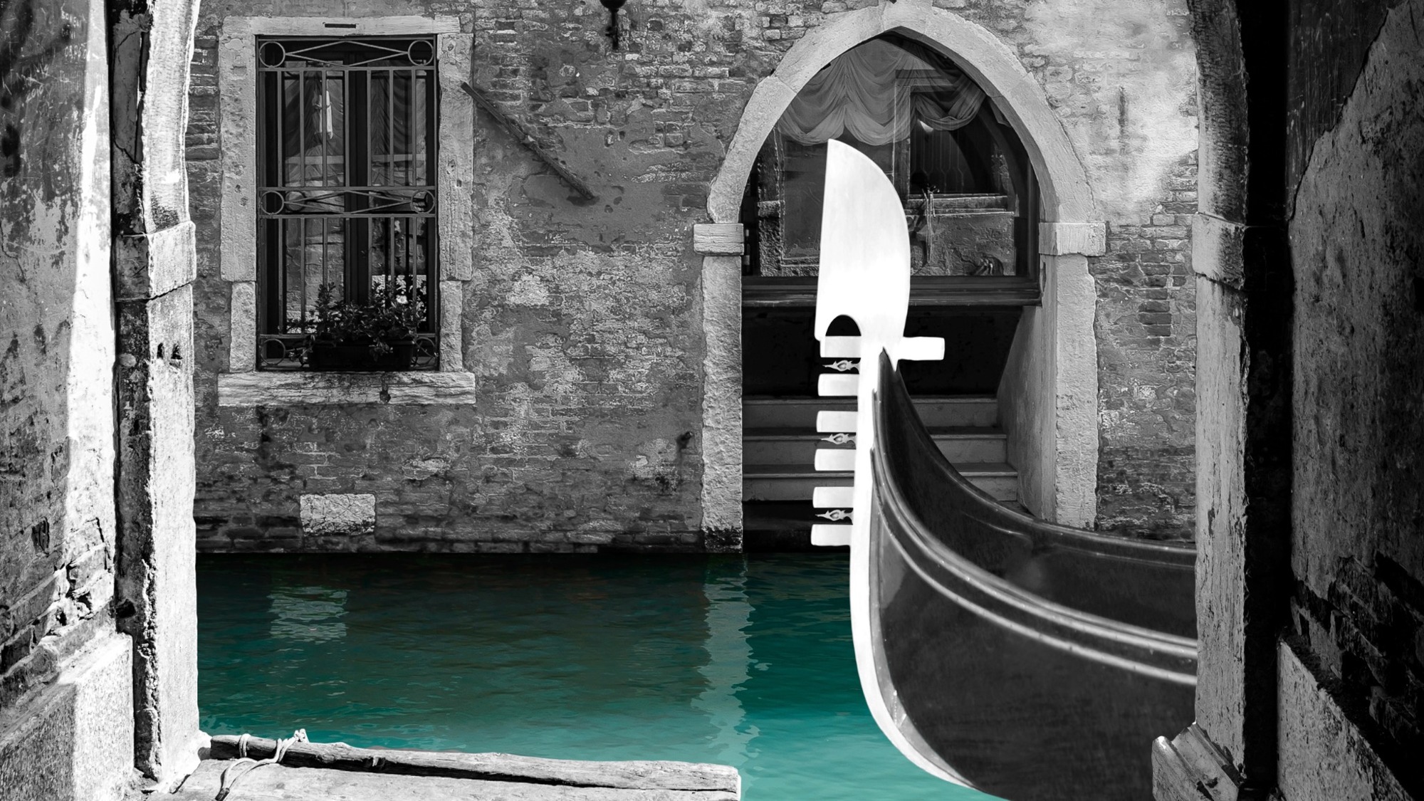 A gondola silhouette and jewellery against Venetian architecture